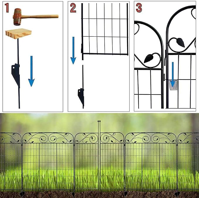 1 Pack 44 Inches x 36 Inches Black Coated Steel Decorative Garden Fence Gate with 8 Leaves, Heavy Duty Metal Wire Border Gate