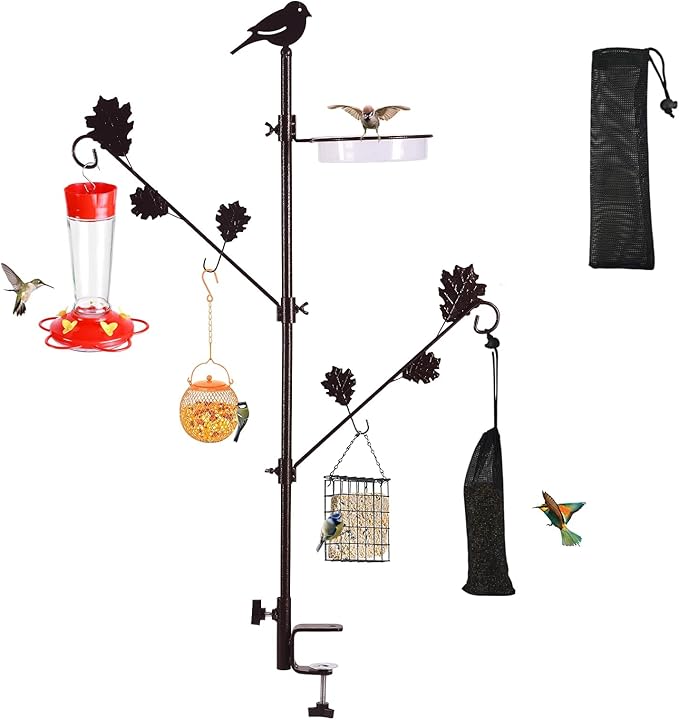 ERYTLLY Deck Bird Feeder Station Kit, Wild Bird Feeding Station for Outside Hanging Plants Holder Deck Pole Porch Multi-Hook Bird Feeder with Water Bowl for Attracting Birds