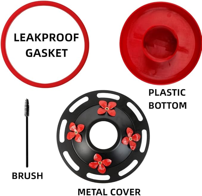 WOSIBO Hummingbird Feeder Replacement Bottom Base Replacement Part Includes Red Plastic Base Metal Top and Brushes (Black)
