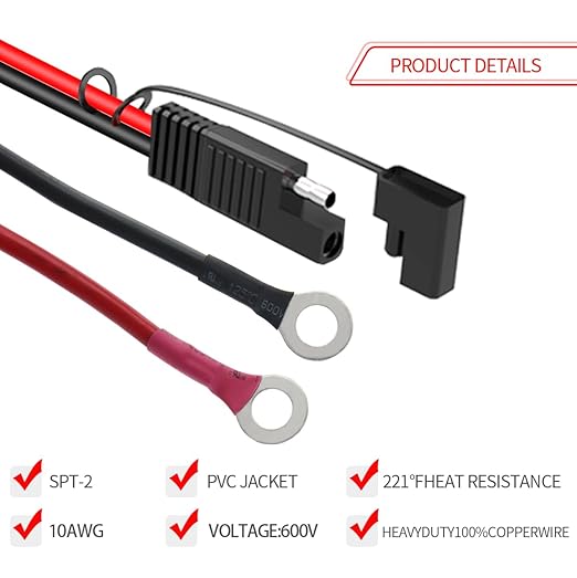 ELFCULB SAE Battery Connector, 10AWG SAE to O Ring Terminal Harness 2-Pin Quick Disconnect SAE Battery Cable for Motorcycle Car,with 10A 15A 20A 25A 30A Protection Fuse(20FT)