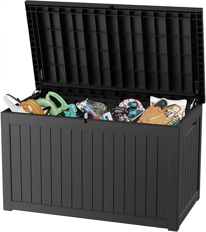 230 Gallon Deck Box, Waterproof Resin Rattan Outdoor Storage Box with Lockable Lid, Fade Resistant Patio Storage Box for Garden Tools, Pool Accessories, Outdoor Cushions, Black