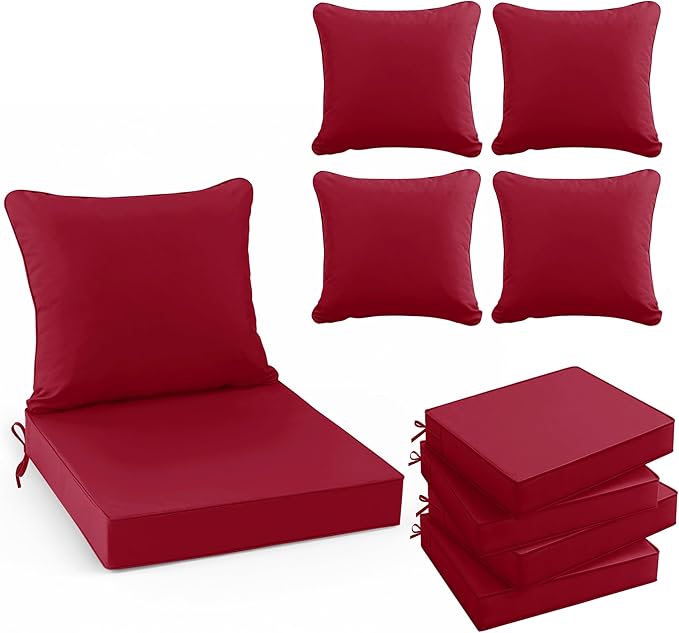 Summsun Outdoor Cushions for Patio Furniture, Double-Sided Waterproof Backrest and Seat Cushion Set with Removable Cover, 19 x 19 Inch, Red, Set of 4