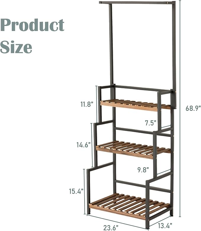 ULIKE Plant Stand Outdoor Indoor Hanging Plant Shelf for Multiple Plants 3 Tier Tall Plant Stand Wood Rack with Metal Frame for Patio Garden Balcony