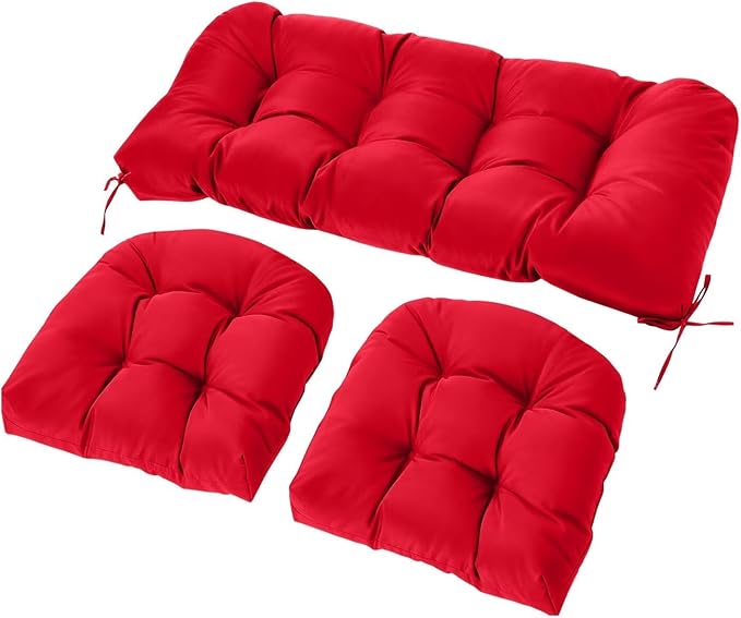 Wicker Chair Cushions Set, 2 U-Shaped Cushions & 1 Loveseat, Waterproof Outdoor Loveseat Cushion for Patio Furniture, Settee Bench Pad All Weather,Red