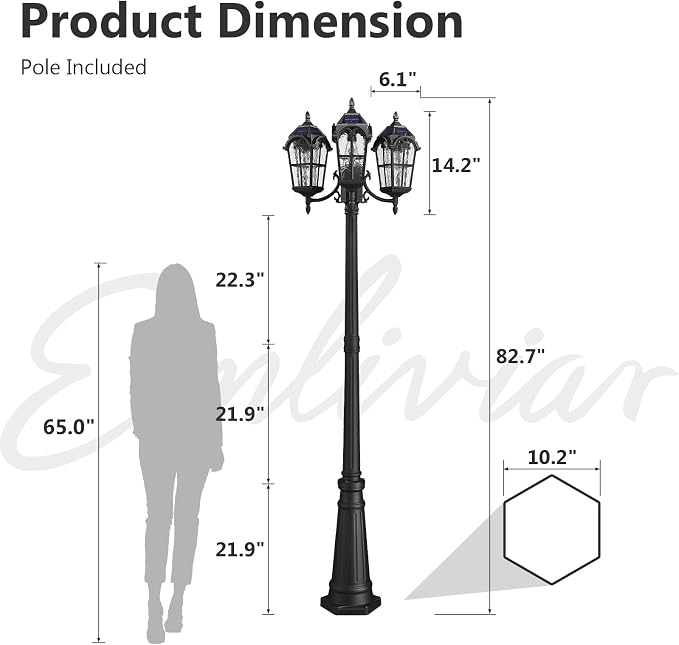 Emliviar 82.7" 3-Head Outdoor Solar Lamp Street Lights, Dusk to Dawn Post Lighting for Driveway Garden, LED Exterior Black Pole Light with Water Grain Glass, YXE302PL-3 SL BK