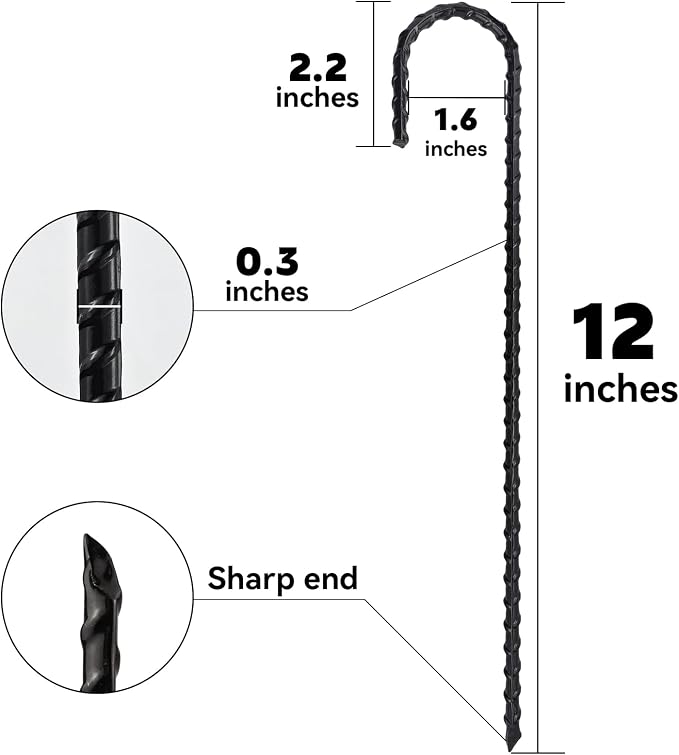 12 Inch J-Hook Rebar Stakes, HeavyDuty Anti-Rust Ground Anchors for Chainlink Fence, Garden Dog Fence, Sports nets, Camping Tent, Etc (40 Pack)