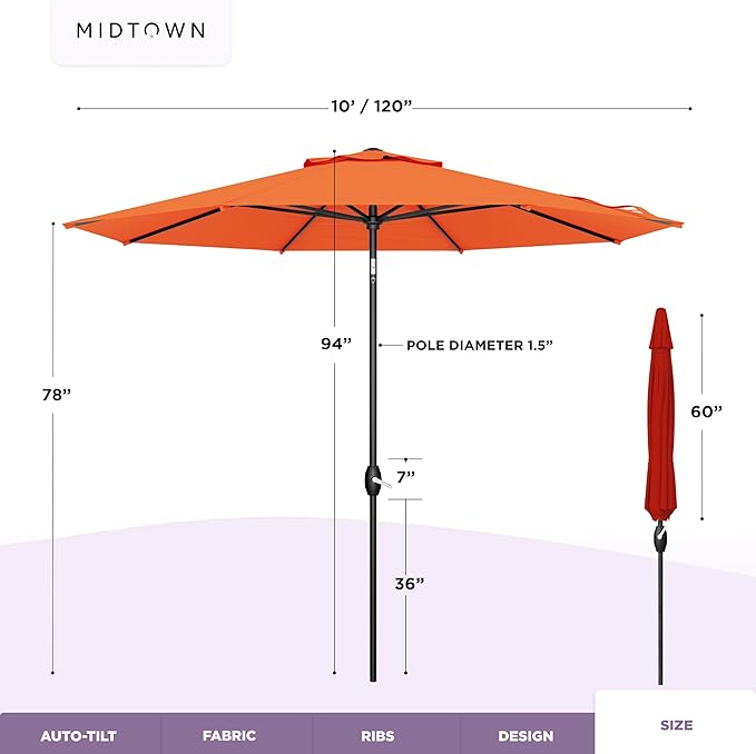 Midtown Umbrellas - 10-Year-No-Fade 10 Ft Patio Umbrella with Terylast Fabric, Auto-Tilt Aluminum Frame and 8 Reinforced Ribs for Deck, Pool, Garden & Beach - Tangerine Canopy, Black Pole