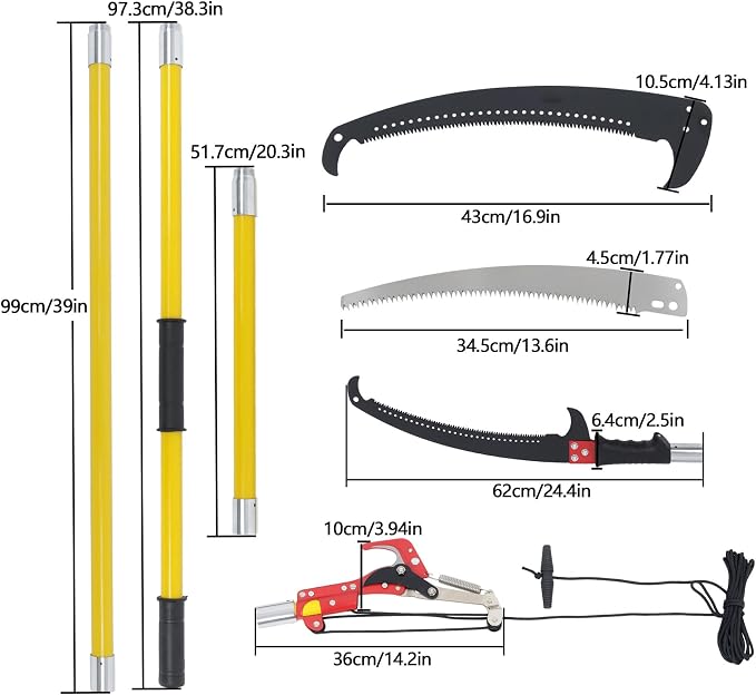 30FT Extendable Pole Saw, Manual Branch Trimmer with Long Handle, Manuals Tree Pruning Saws Band Scissors, 9 Knots Yellow