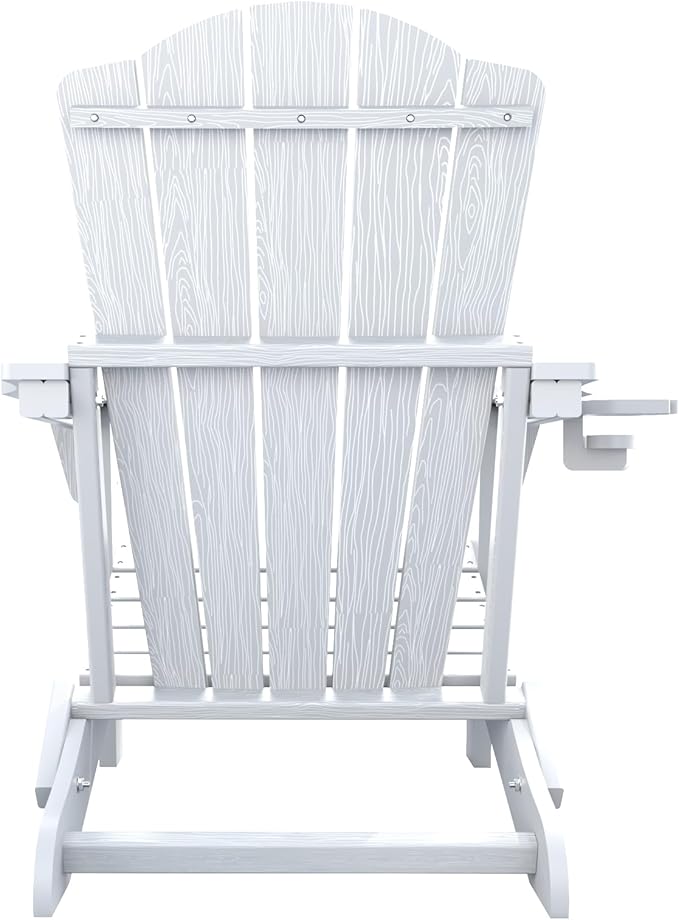 THOEOE Folding Adirondack Chair Set of 8, HDPE All-Weather Outdoor Chair with Cup Holder, Wooden Textured, Fire Pit Chair, Plastic Patio Chair for Deck, Backyard, Garden, Lawn, White