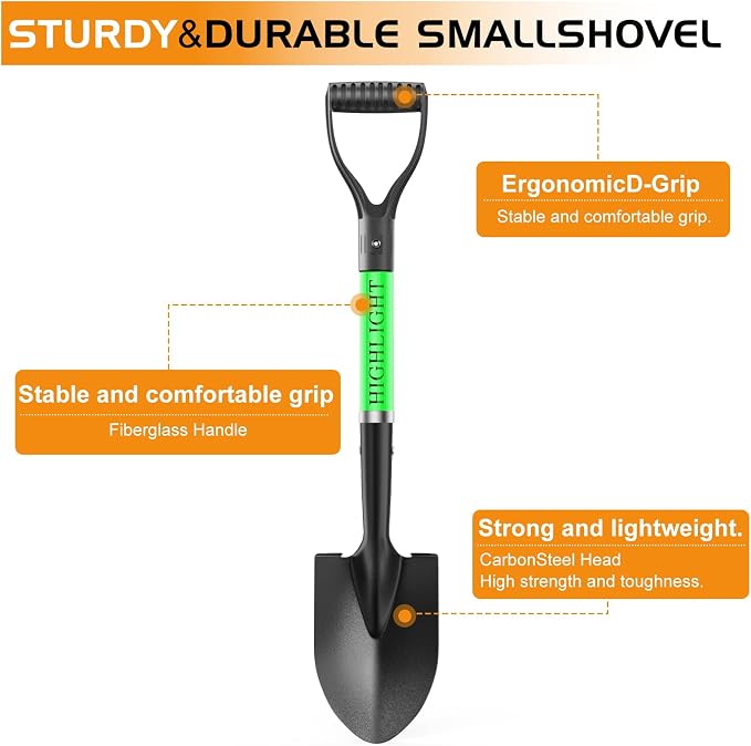 HIGHLIGHT Kids Shovel for Digging, 28-Inch Small Round Point Shovel with Metal Blade and Fiberglass Handle, Mini D-Grip for Gardening, Beach, Camping & Snow, Green