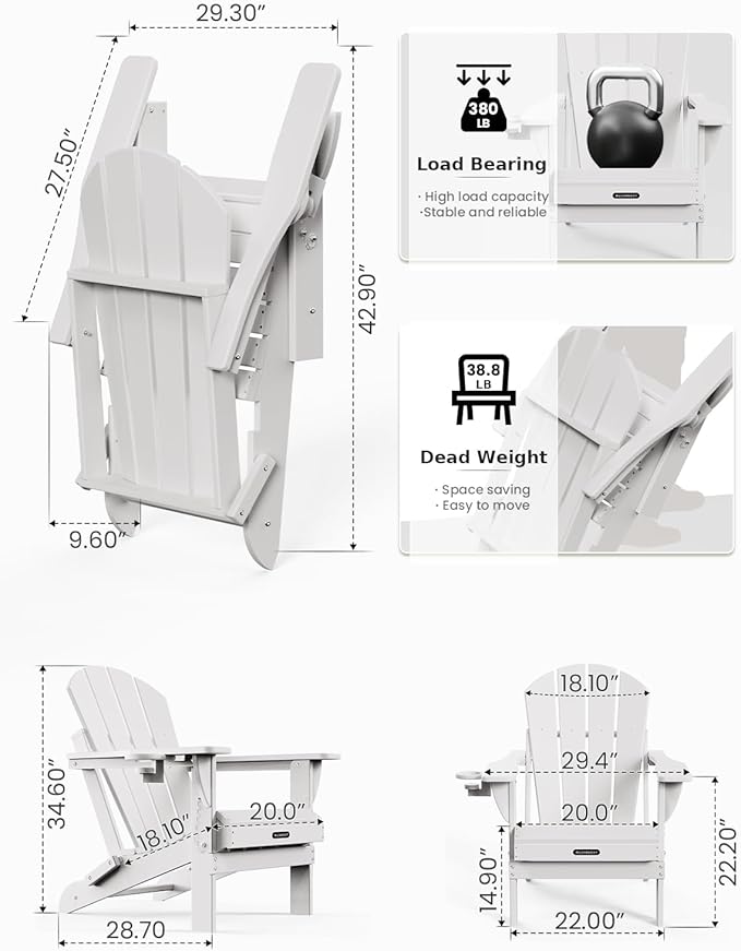 MUCHENGHY Folding Adirondack Chairs 4 Pack, Patio Chairs, Lawn Chairs, Outdoor Chairs, Adirondack Chair Plastic, Fire Pit Chairs, Weather Resistant with Cup Holder for Deck, Backyard, Garden(White)