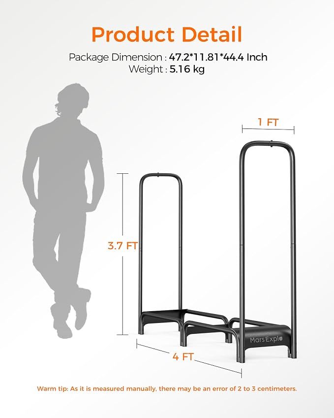 Firewood Rack，4ft Heavy Duty Fire Wood Storage Racks for Indoor Outdoor，Metal Log Holders for Firewood，Fireplace Wood Pile Storage Stacker Organizer, Black
