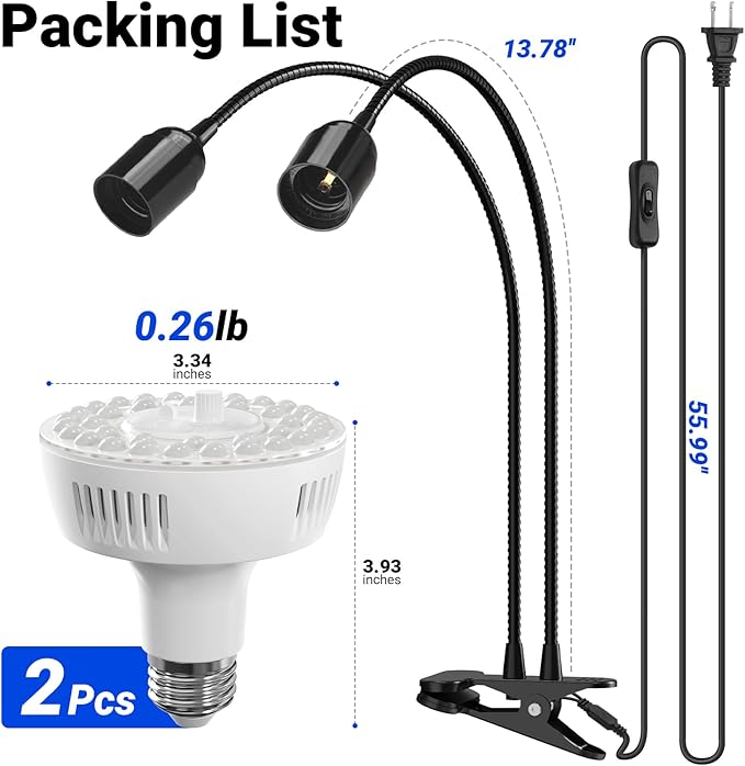 Barrina Orbgrow OG11A2 Clip On Grow Lights for Indoor Plants, Integrated Stepless Dimming & Timing, 5000K 22W(2 x 11W, 200 Watt Equiv), Full Spectrum 2-Gooseneck with E26 Plant Light Bulbs