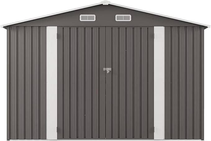 YOPTO 10x12 FT Outdoor Storage Shed,Large Metal Garden Shed with Double Door and Two Windows Waterproof Tool Shed for Backyard Patio Lawn Poolside,Grey