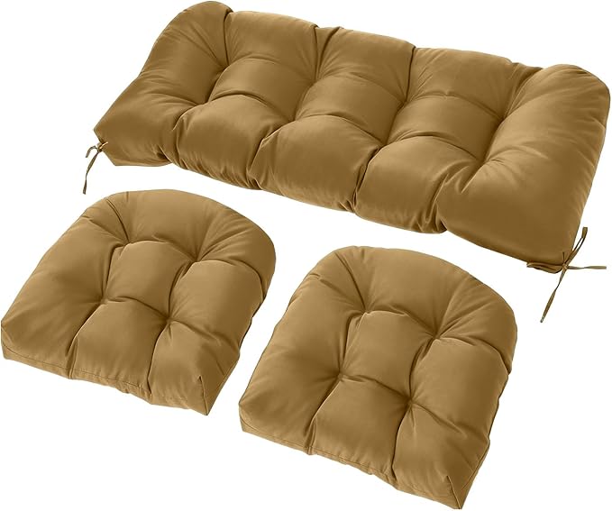 Wicker Chair Cushions Set, 2 U-Shaped Cushions & 1 Loveseat, Waterproof Outdoor Loveseat Cushion for Patio Furniture, Settee Bench Pad All Weather,Khaki
