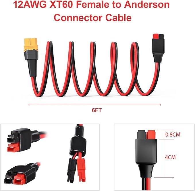 ELFCULB XT60 to Anderson Adapter,12AWG XT60 Female to Anderson Connector Cable for Portable Power Station UAV RC Battery (6FT)