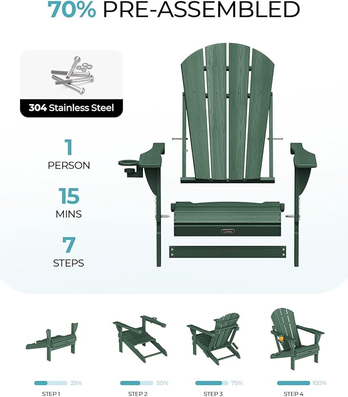 Ciokea Folding Adirondack Chair Wood Texture, Patio Adirondack Chair Weather Resistant, Plastic Fire Pit Chair with Cup Holder, Lawn Chair for Outdoor Porch Garden Backyard Deck (Green)