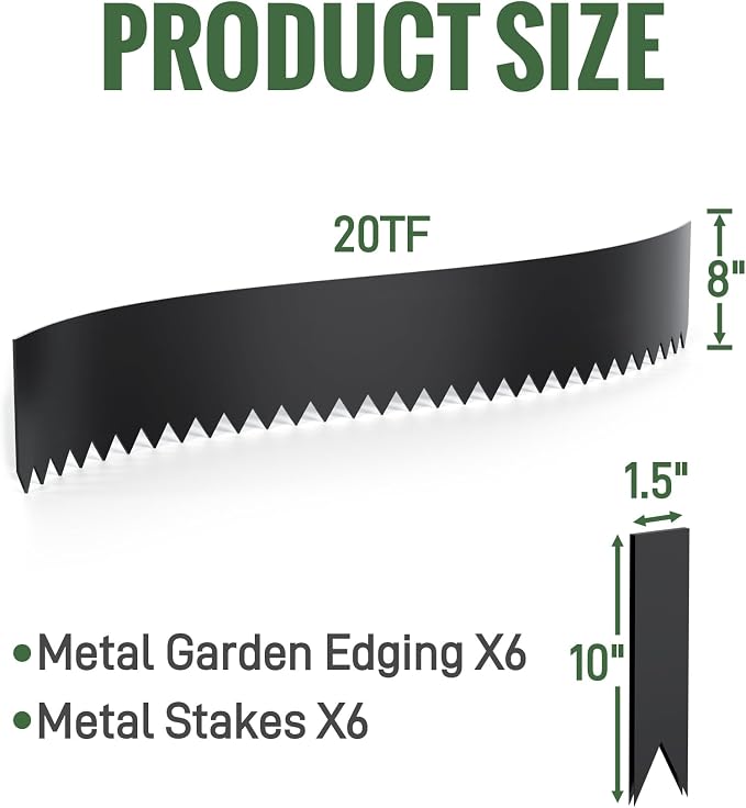 20ft Black Metal Landscape Edging 8 in Steel Garden Border No Dig Hammer in Lawn Edging Kit with 6 Panels and 6 Clamps for Yard Flower Bed Pathway