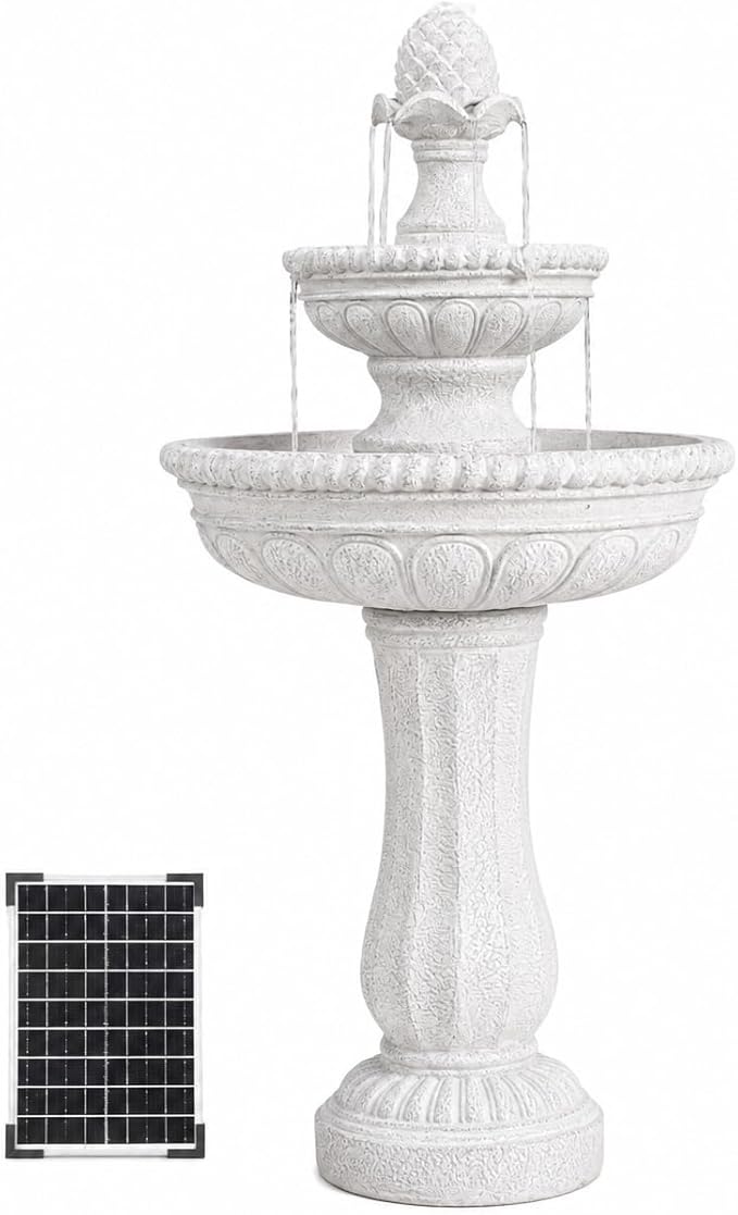 XBrand 39" 2-Tier Outdoor Freestanding Solar Water Fountain - Classic Design, White Resin Bird Bath with Pump - Ideal for Yard, Lawn and Garden, Porch Décor