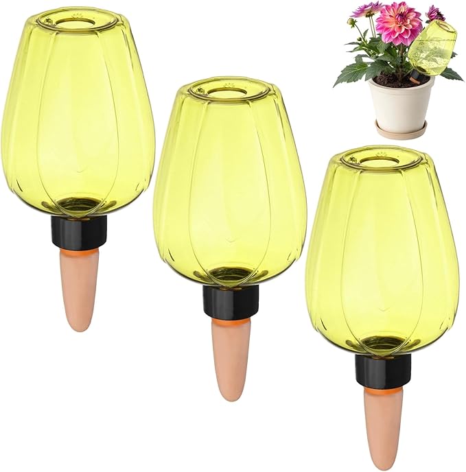 M METERXITY 3-Pack Plant Self Watering Globes, 5.1 oz Plastic Rose Water Bulbs Top Fill for Indoor/Outdoor Plants, Self Watering Spikes Slow Release Terracotta [Yellow]