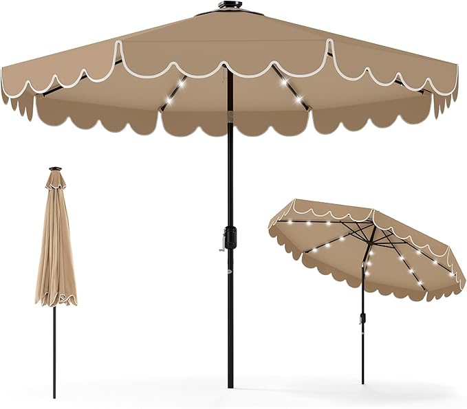 Tangkula 9 FT Solar Patio Umbrella, 2-Tiers Scalloped Outdoor Table Market Umbrella with 32 LED Lights, Vented Top, Tilt Adjustment, Crank, 8 Ribs for Backyard Poolside Deck Beach Lawn (Coffee)