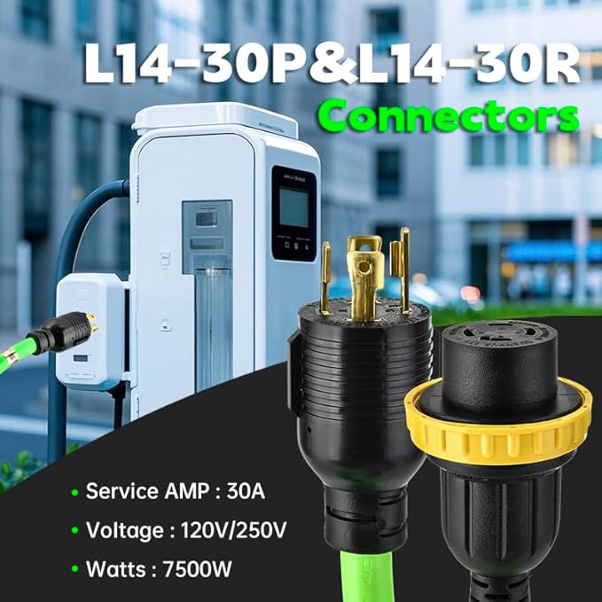 30 Amp Generator Extension Cord (25 Feet) 4-Prong 120/250 Volt 7500W, Lock L14-30P/L L14-30R, 10 Gauge SJTW Locking Power Cord for Manual Transfer Switch ETL