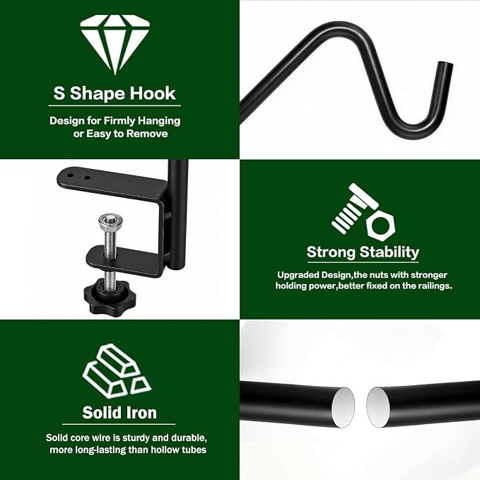 15 Inch Deck Hooks Hanger for Railing 2 Pack, Heavy Duty Shepherds Hooks for Outdoor Hanging Plants, 360° Swivel Adjustable Bird Feeder Pole Deck Railing Plant Hanger Bracket Outdoor