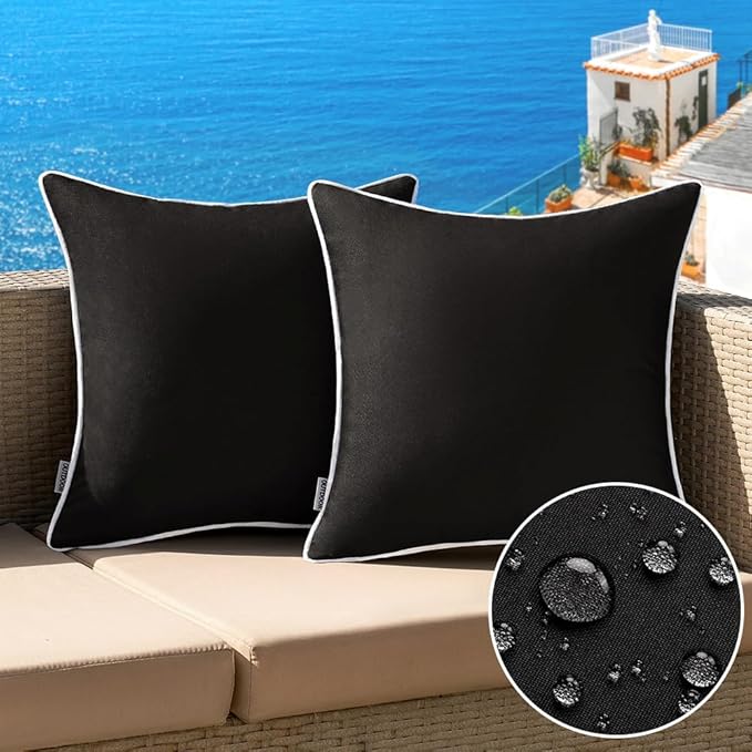 MIULEE Pack of 2 Outdoor Waterproof Pillow Covers Decorative Farmhouse Throw Pillow Covers Square Solid Color Couch Pillow Covers for Patio Tent Bed Sofa Living Room 20x20 Inch Black