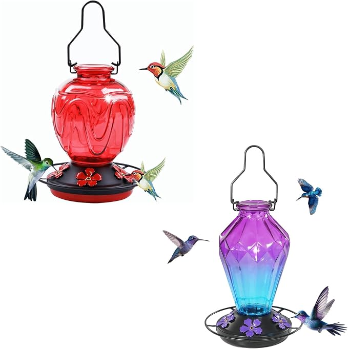 Glass Hummingbird Feeders for Outdoor Hanging, 25 OZ Purple and 24 OZ Red