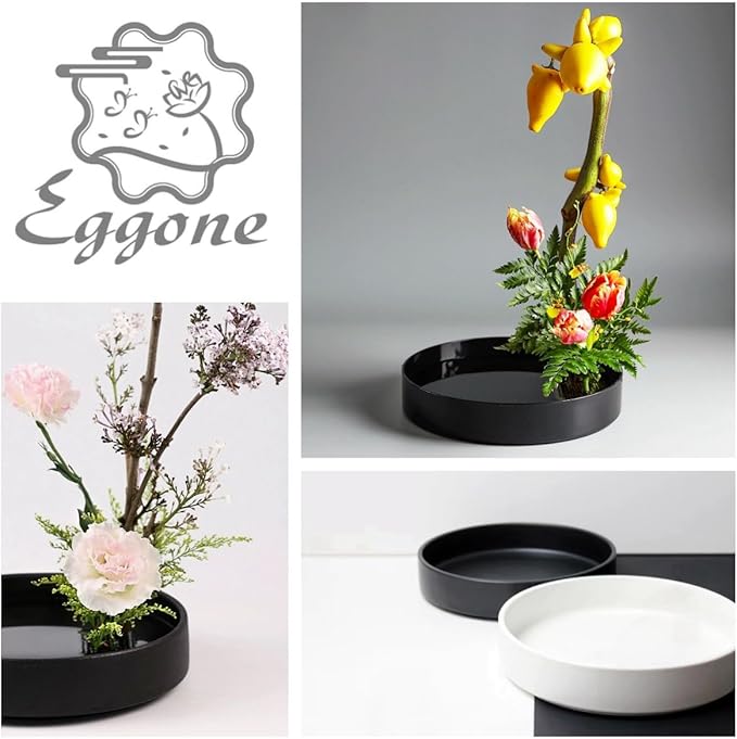 8.5inch Japanese Ceramic Ikebana Vase Kit with 2.4inch Metal Floral Frog Round Stems Holder, Japanese Flower Arranging Supplies Kenzan Flower Container (Black)