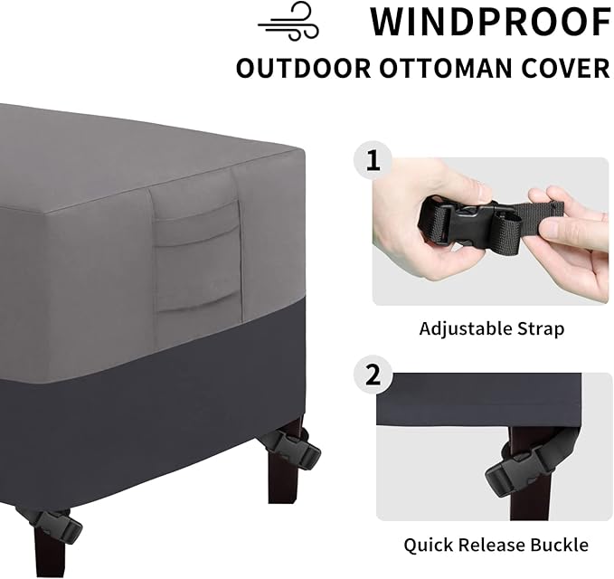 Easy-Going Outdoor Ottoman Cover, Waterproof Patio Ottoman Cover, Heavy Duty Outdoor Furniture Cover with Padded Handles (28"x22"x17", Gray/Dark Gray)