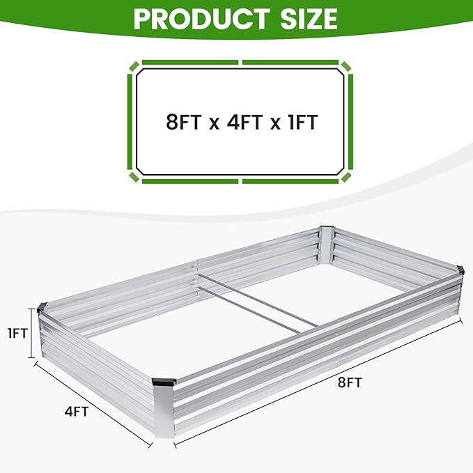 G GOOD GAIN 8x4x1ft Galvanized Raised Garden Bed, Heavy-Duty Metal Planter Boxes Outdoor for Vegetables Flowers Herbs, Silver(2 Pack)