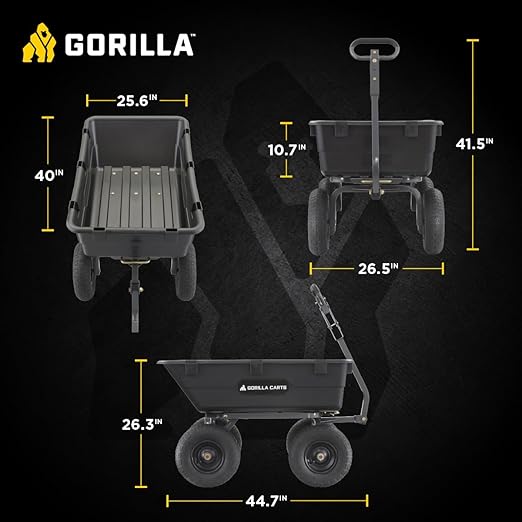 Gorilla Carts Heavy-Duty Poly Yard Dump Cart, 6 Cu Ft Tub, 1200 lb Haul Capacity, Black – Towable Utility Wagon with Quick-Release Dumping & Pneumatic Tires for Landscaping and Gardening