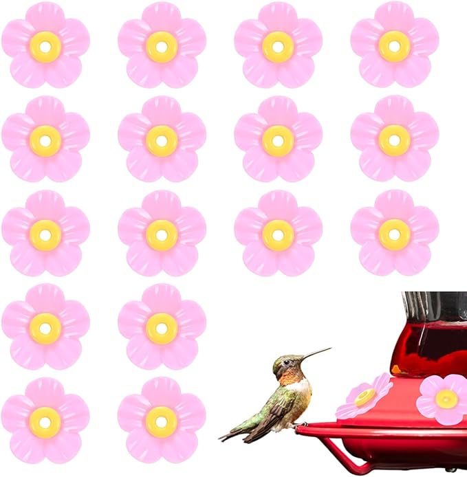 M METERXITY 16-Pack Hummingbird Feeder Replacement Flowers, Plastic Pet Hummingbird Feeding Parts Feeding Ports for Outdoor Hanging Feeders, Bees Guards [Rose Pink, Yellow]