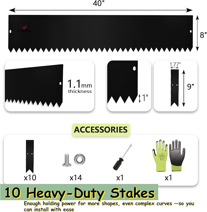 A ANLEOLIFE 20FT Galvanized Steel Landscape Edging, 6-Pack 40" L x 8" H Hammer-in Metal Garden Border with 10 Stakes for Lawn, Pathway, Flower Beds – Black