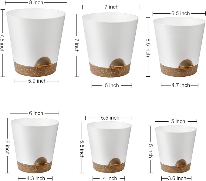 YNNICO Indoor Self Watering Planters with Drainage Holes and Saucers, 8, 7, 6.5, 6, 5.5, 5 Inches, White, 6 Pots
