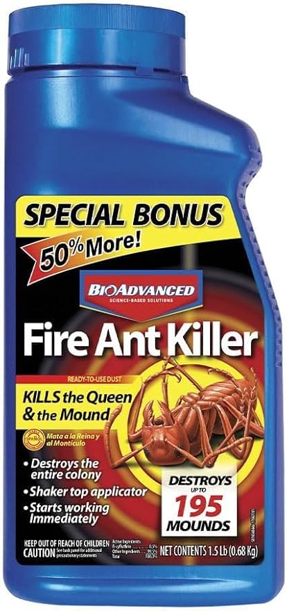 BioAdvanced Fire Ant Killer Dust - Kills the Queen - Destroys Up to 195 Mounds - Outdoor Ant Powder Killer - 1.5 lb Bottle