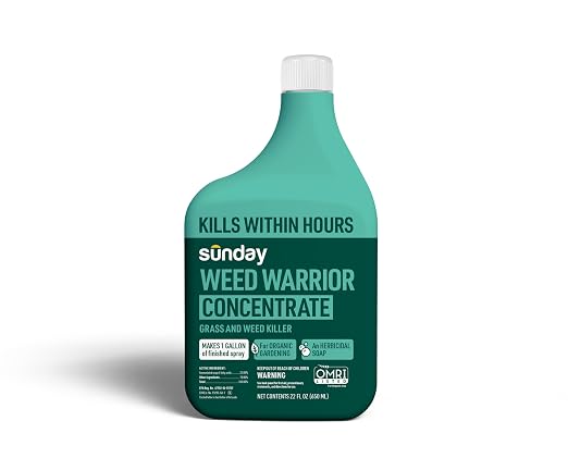 Sunday Weed Warrior Concentrate Kit, Organic Weed & Grass Killer, OMRI Listed Herbicidal Soap, Kills Dandelion, Crabgrass, Clover, Moss, (2) 22 fl oz Concentrate + Reusable Pouch + Wand Sprayer