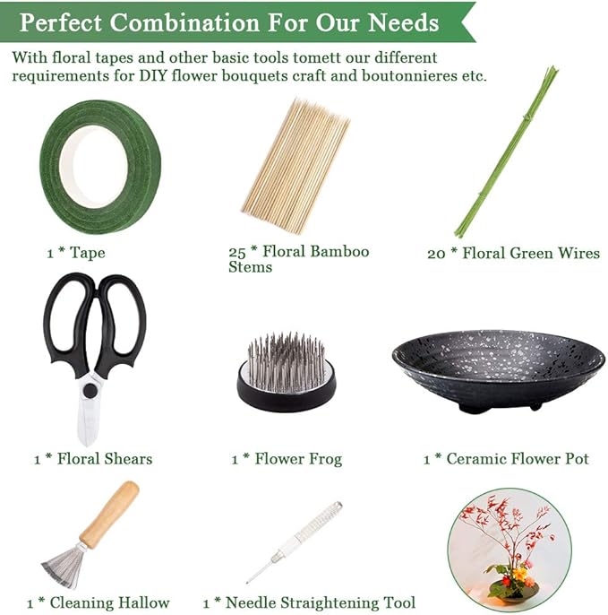 WANDIC Flower Arrangement Kit, Set of 51, Round Flower Holders, Ceramic Flower Pot, Kenzan Needle Cleaning Pin & Rake, Floral Stems and Floral Tape for Flower Arranging Art