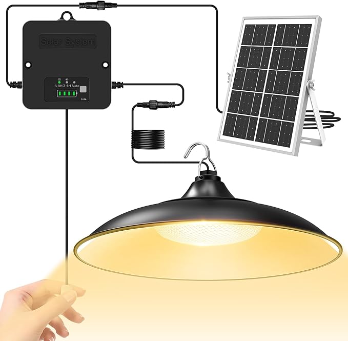 Solar Shed Light Indoor Outdoor, Warm White Daytime Available Pendant Light with Pull String, Dusk to Dawn, 3 Lighting Modes Solar Lights Indoor, IP65 Waterproof for Barn, Gazebo, Shop, Garage