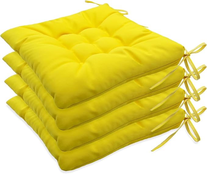 Outdoor Indoor Tufted Chair Cushions, Seat Cushions with Ties, Chair Pads Waterproof for Porch Kitchen Office Garden Yellow 16" x 16", Set of 4