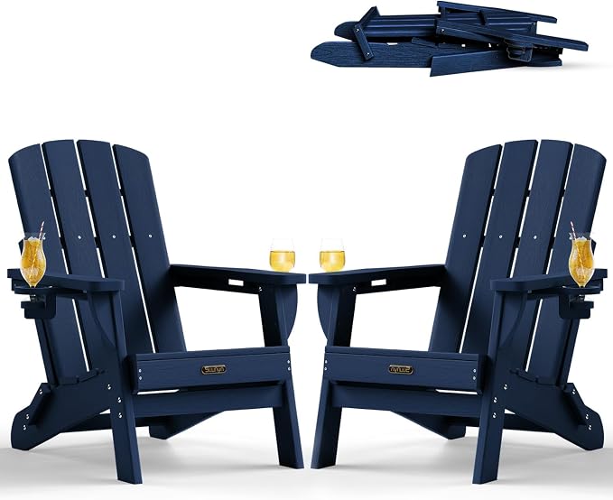 Folding Adirondack Chair Set of 2, HDPE Adirondack Chairs with 2 Cup Holder, Plastic All-Weather Fire Pit Chairs, Outdoor Lawn Chair for Patio Garden (Navy Blue)
