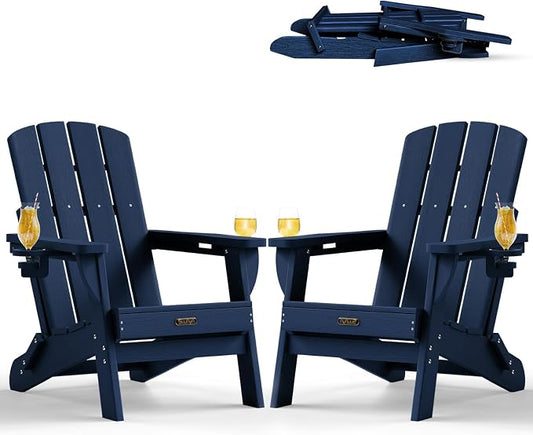 Folding Adirondack Chair Set of 2, HDPE Adirondack Chairs with 2 Cup Holder, Plastic All-Weather Fire Pit Chairs, Outdoor Lawn Chair for Patio Garden (Navy Blue)