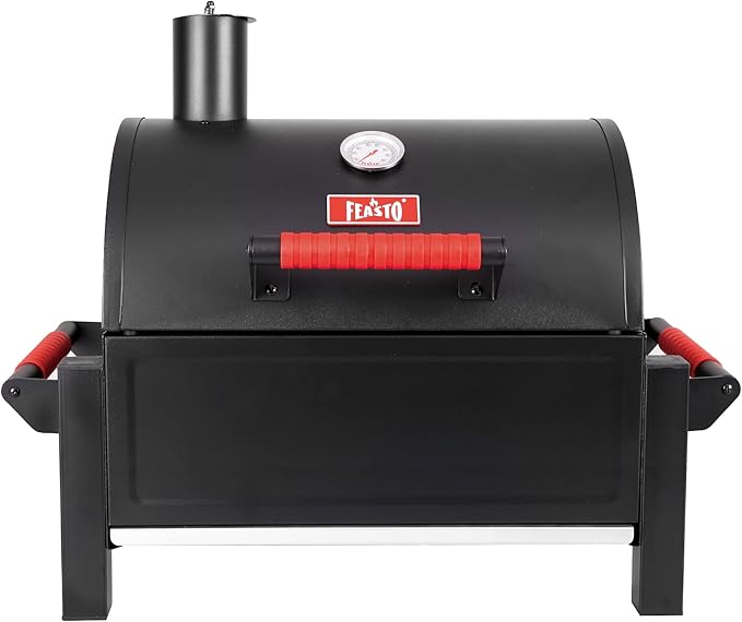 Feasto Portable Tabletop Charcoal Grill, 354 sq.in Cooking Area | with Cast Iron Grates & Temp Gauge, Small BBQ Grill for Camping, Picnic, RV, Outdoor Patio, Grey