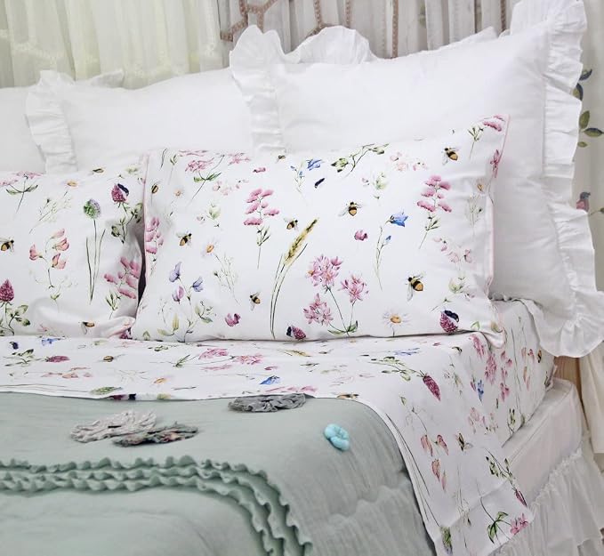 QSH Floral Bed Sheets Set King Size - Shabby Flower Bee Print Bed Sheet Set - Extra Soft and Breathable 100% Egyptian Cotton - 4 pcs King Size Sheets with Deep Pockets Flower Bed Sheets