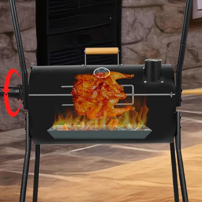 Barrel Charcoal Grill with Thermometer - Small Charcoal Grills with Central Rotisserie Rack Double-sided Smoker Grill Outdoor BBQ Grill, Perfect for Backyard Camping, Patio Parties and Picnics