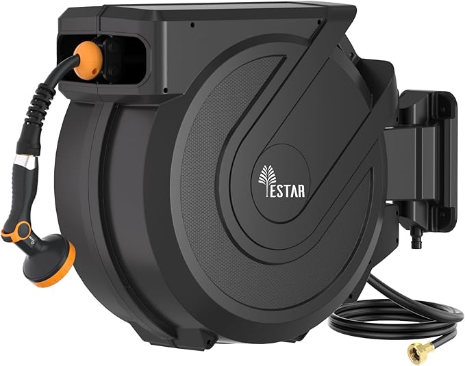 Retractable Garden Hose Reel 5/8 in x100 ft, Heavy Duty Wall Mounted Hose Reel with 10- Function Sprayer Nozzle, Any Length Lock/Automatic Slow Return System,180° Swivel Bracket