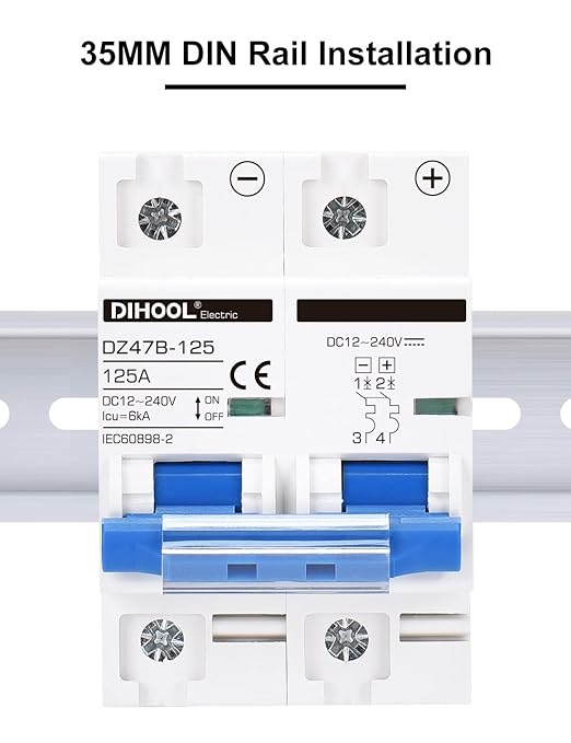 DIHOOL DC Circuit Breaker,125A 2 Pole,12V to 240 Volt Solar Disconnect Switch,DIN Rail Mount