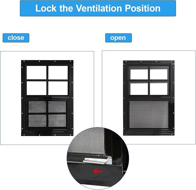NeatiEase Upgraded Shed Windows 2 Pack, 24" x 24" Windows with Tempered Glass and Stainless Steel Screen for Shed, Chicken Coop, Playhouse, Household, Garage(Black)