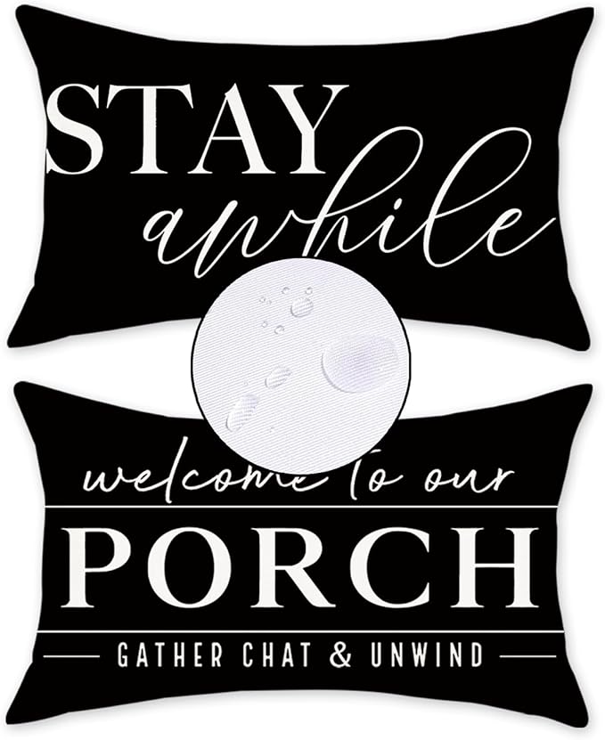 TAJWE Outdoor Pillow Covers Waterproof 12x20 Set of 2 Black and White Decorative Welcome to Our Porch Stay Awhile Cushion Cases for Patio Furniture Sofa Couch Decor